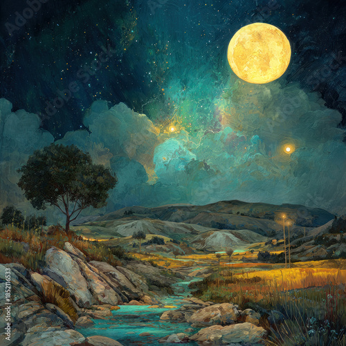 An artistic illustration of a night landscape with a full moon over a rolling valley.  