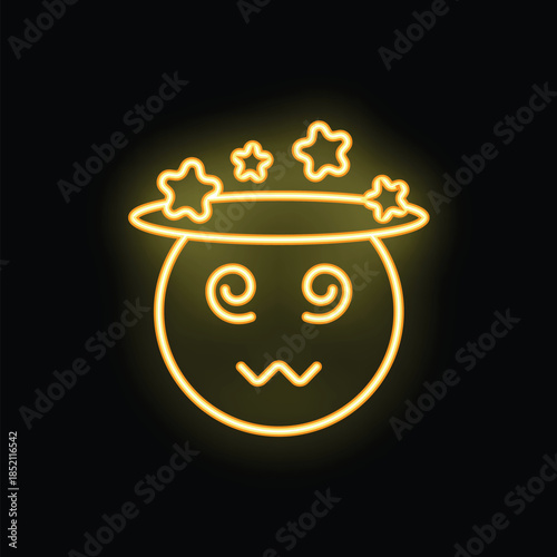Neon yellow emoji feeling dizzy with stars spinning around its head