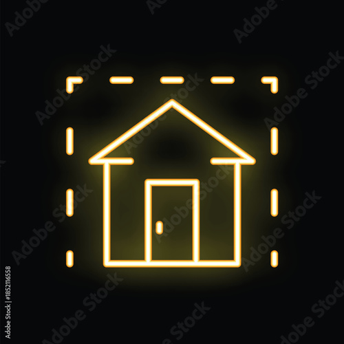 Bright yellow neon sign in the shape of a simple house with a glowing outline, on a black background