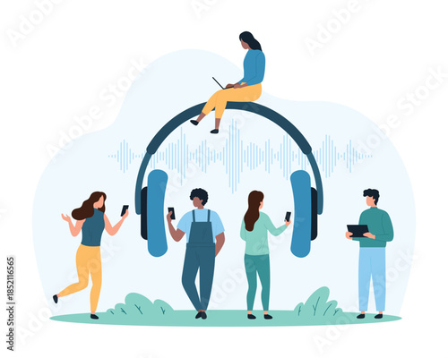 Headphones for listening music, digital radio, entertainment and gamers equipment. Tiny people with electronic devices and gadgets listen audio sound in big earphones cartoon vector illustration