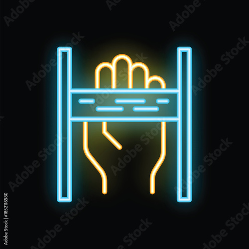 Neon icon representing hand holding horizontal bar with glowing lines, concept of strength and overcoming obstacles