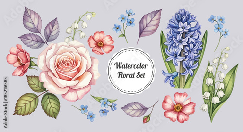 Watercolor floral set with roses, hydrangeas, lilies, and leaves in soft pastel colors, elegant botanical illustration