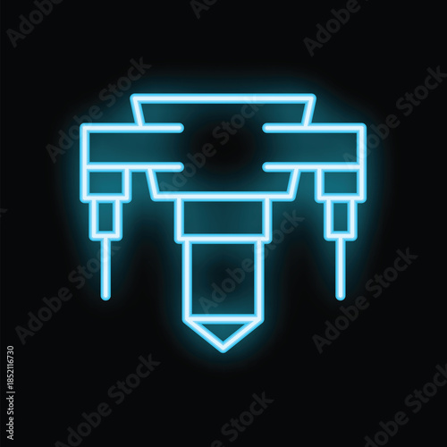 Glowing blue neon icon of an oil drilling rig on a black background, perfect for topics related to oil extraction and energy industry