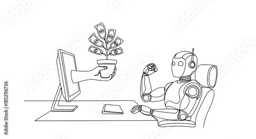 Robot working on a computer with a cup of coffee and a plant on the desk, digital illustration