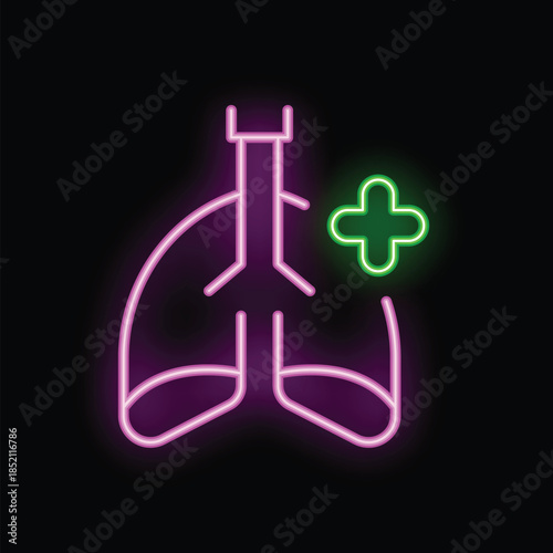 Glowing neon icon of human lungs with trachea and bronchi, representing respiratory health and pulmonology