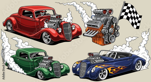 Vintage cars racing with checkered flag and smoke effects, retro hot rods, classic automobiles, dynamic racing scene