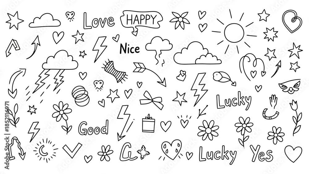 Obraz premium Hand Drawn Doodles Vector Illustration Set with Positive Words and Symbols
