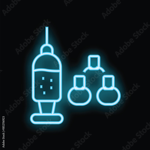 Neon style icon of a syringe injecting medicine into a network, representing the concept of network security