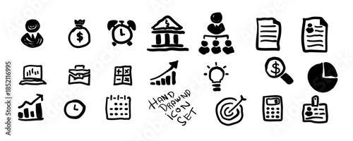 Doodle Style Hand Drawn Business Icons Set. Icon symbols for financial business, marketing.