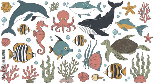 Underwater Sea Life Illustration Set with Fish Dolphin Whale Turtle and Coral Flat Vector Design