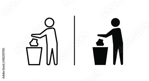 Person disposing of waste into a trash bin contrasted line drawing and solid silhouette