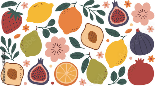 Fruit Illustration Pattern with Lemon Fig Pear Strawberry Orange and Floral Elements Flat Vector Design