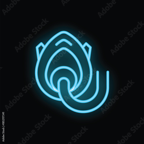Blue neon icon of an oxygen mask glowing on black background, representing medical equipment for breathing support