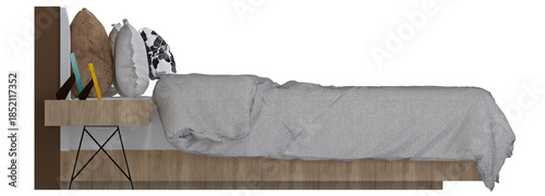 Fotografi Side view of modern wooden double bed with grey bedding and nightstand 3D render