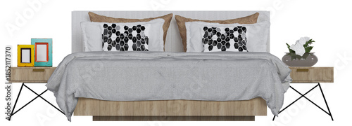 Quadro su tela Front view of modern wooden double bed with nightstands and decor 3D render