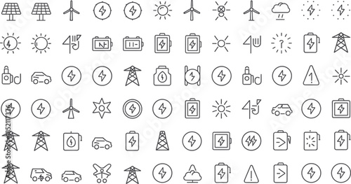 Weather and Nature Icon Set with Sun Cloud Rain Snow Wind Temperature Line Vector Illustration