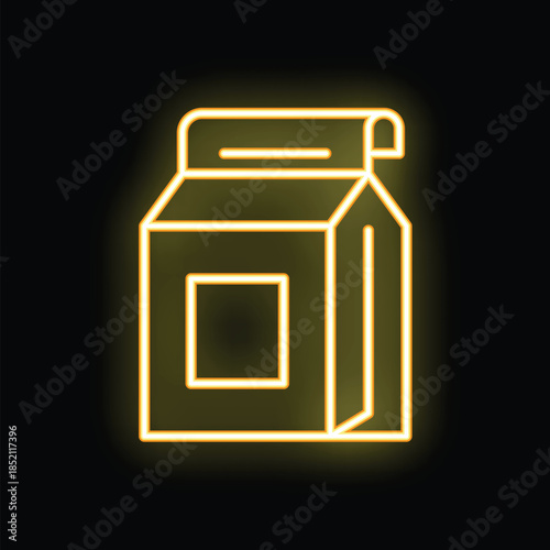 Bright yellow neon sign depicting a milk or juice carton, glowing on a black background