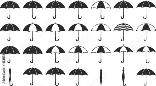 Umbrella Icon Pattern Set Open and Closed Rain Umbrellas Black Vector