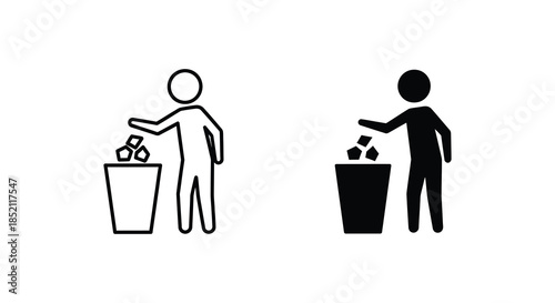 Person disposing of trash into a waste bin contrasting line art and solid silhouette