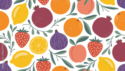 Colorful Fruit Pattern Illustration Lemons Oranges Strawberries Figs Vector