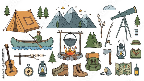 Camping Adventure Vector Illustration with Hiking and Fishing Gear