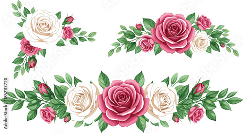 Elegant rose flower border set featuring pink and cream rose arrangements with green leaves for wedding invitations and greeting card designs vector.