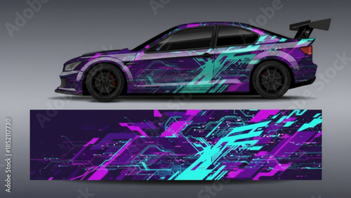 Futuristic purple and cyan abstract geometric car wrap design on a sports coupe with a detailed banner below.