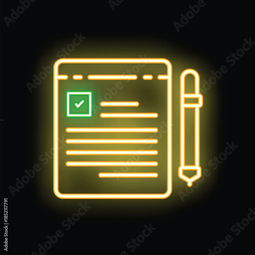 Neon sign showing a document with a green check mark and a stylus pen, possibly representing digital editing