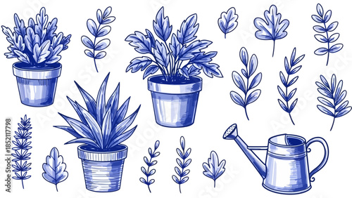 Blue Botanical Vector Collection of Potted Plants and Leaves