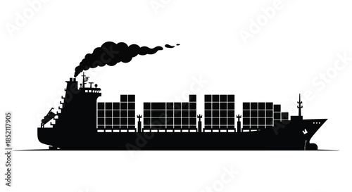 A striking black silhouette of a large cargo ship with smoke billowing silhouette