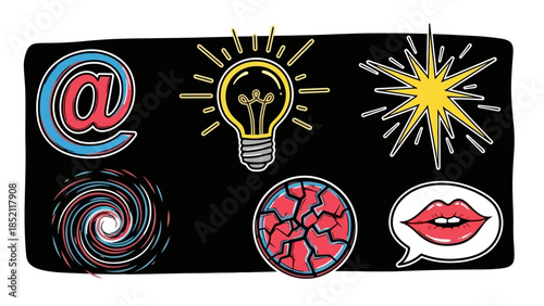 Creative Abstract Doodle Icons on Black Background