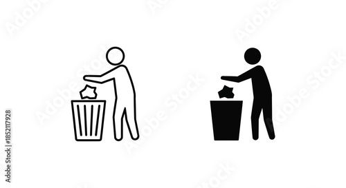 Two figures disposing of trash into waste bins one outlined and one silhouette