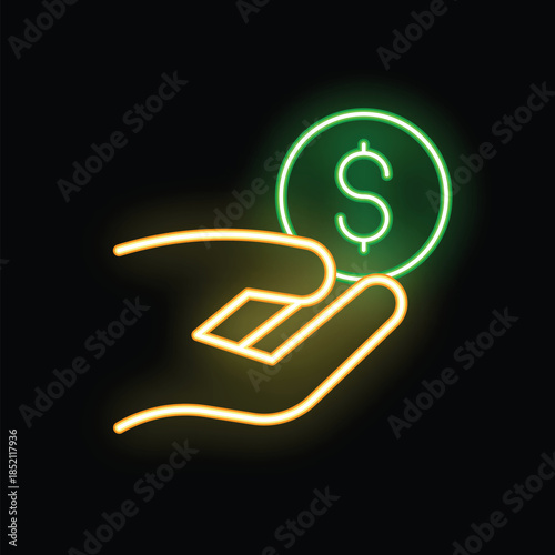 Neon sign illustrating a hand holding a dollar coin, representing concepts like payment, income, and investment