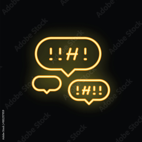 Yellow neon speech bubbles containing hashtags and exclamation marks are glowing on a dark background