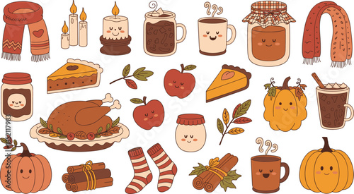 Autumn and Thanksgiving Food Illustration Set Pumpkin Pie Coffee Cozy Fall Harvest Vector