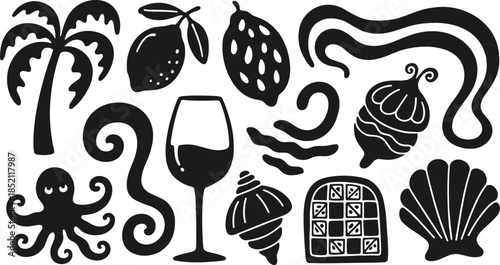 Ocean and Tropical Silhouette Icons Set Octopus Palm Tree Shells Wine Marine Vector