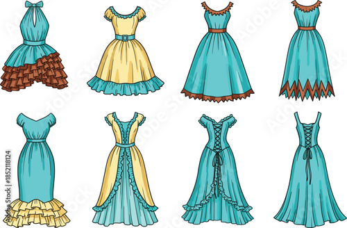 Vintage evening gown collection featuring turquoise and cream dresses with ruffles corsets lace up backs and elegant silhouettes isolated on white background.