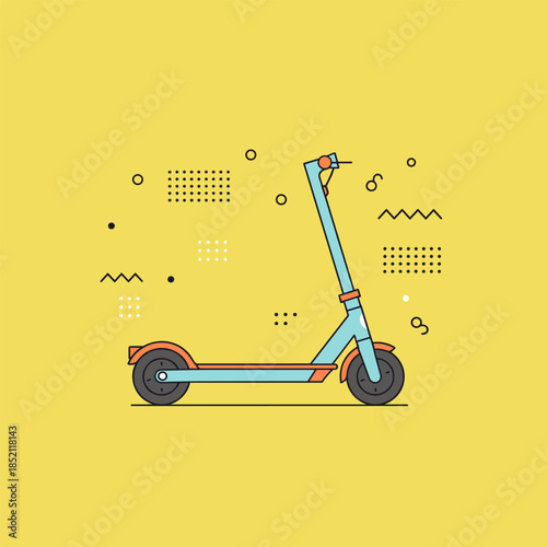Electric Scooter Illustration on Yellow Background with Geometric Shapes.