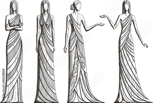 Elegant fashion sketches of floor length evening gowns featuring unique wood grain texture and draping silhouettes isolated on white background flat vector.