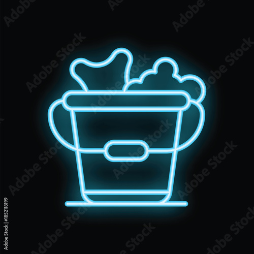 Bright blue neon sign of bucket filled with soapy water for cleaning floor on black background