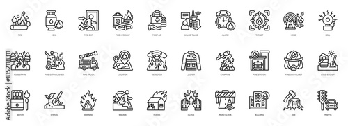 Firefighter icon collection line style. containing Fire, Gas, Firefighter, Hydrant, Aid, Walkie Talkie