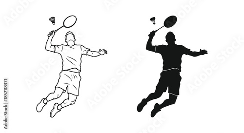 Badminton players in action a detailed illustration and its striking dark silhouette