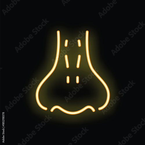 Yellow neon medical icon representing nose breathing and smelling, isolated on black background