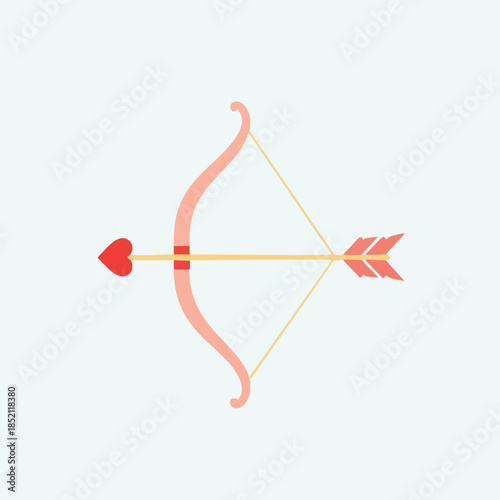 Flat design illustration of a pink bow and arrow with a red heart-shaped tip on a white background with soft pastel colors.
