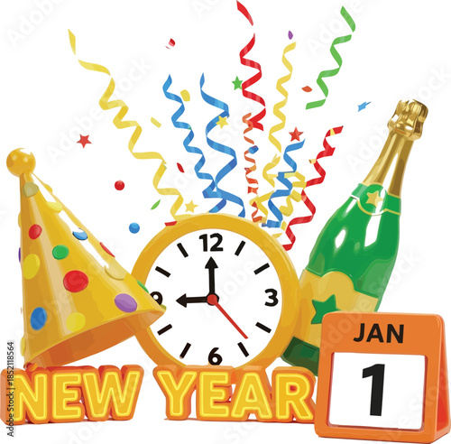 Festive New Year's Eve celebration concept with countdown clock, party hat, sparkling champagne, and confetti, symbolizing joyous beginnings and holiday cheer