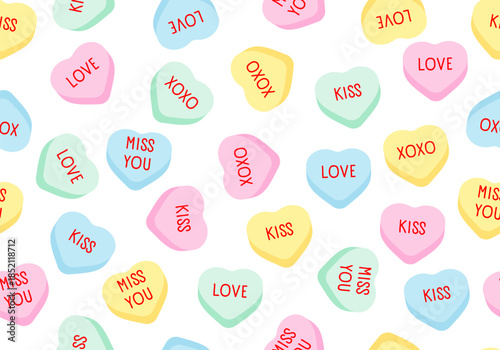 Seamless pattern with sweet heart candy. Sweetheart candies background, conversation sweets for valentines day, valentine sugar food hearts. Heart shape message letter candy background