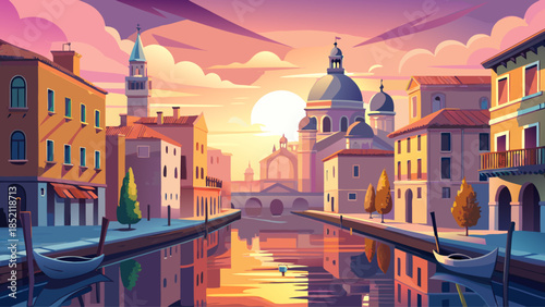 Very beautiful sunrise view of a quiet Venice canal with historic buildings reflecting on calm water, soft morning light, romantic atmosphere, and timeless Italian architecture creating a peaceful tra