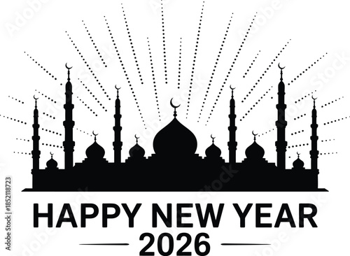 Embrace a prosperous 2026 with a stunning mosque silhouette, featuring an elegant central dome, graceful minarets, and a symbolic crescent moon radiating hope for the new year