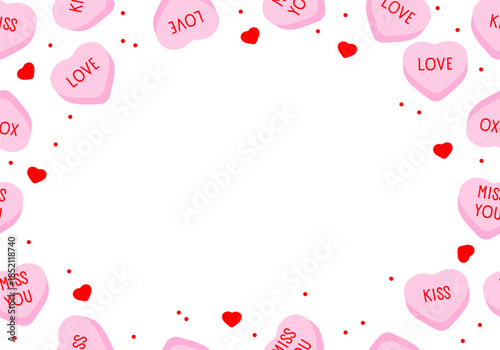 Frame with sweet heart candy. Sweetheart candies background, conversation sweets for valentines day, valentine sugar food hearts. Heart shape message letter candy background