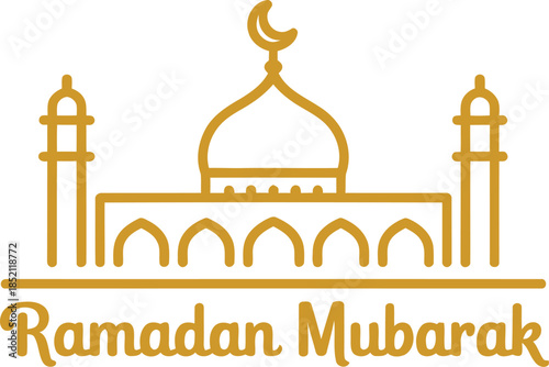 Line art mosque with central dome and two elegant minarets, topped by a crescent moon, embodying a spiritual and festive design for holy Ramadan celebrations and greetings